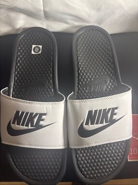 Nike Black and White Slide Sandals with Logo Strap